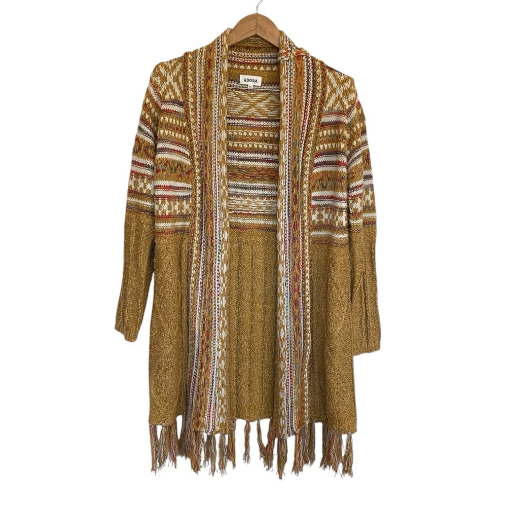 Bohemian Longline Knit Cardigan With Fringe Tassel Hem Southwestern Aztec Print - Picture 4 of 11